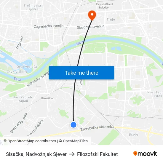 Sisačka, Nadvožnjak Sjever to Filozofski Fakultet map