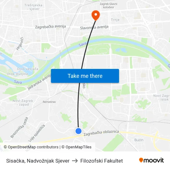Sisačka, Nadvožnjak Sjever to Filozofski Fakultet map