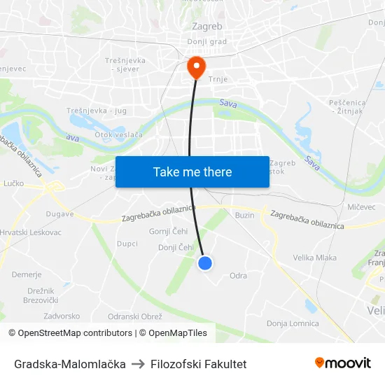 Gradska-Malomlačka to Filozofski Fakultet map