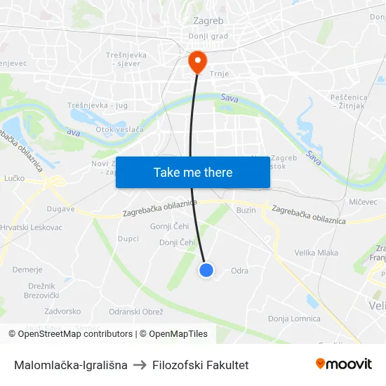 Malomlačka-Igrališna to Filozofski Fakultet map