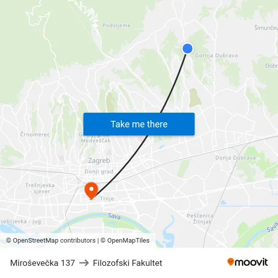 Miroševečka 137 to Filozofski Fakultet map