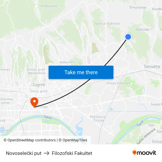 Novoselečki put to Filozofski Fakultet map
