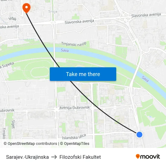 Sarajev.-Ukrajinska to Filozofski Fakultet map
