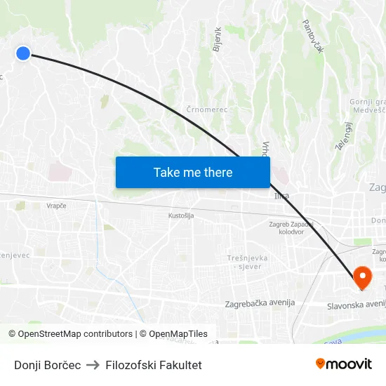 Donji Borčec to Filozofski Fakultet map