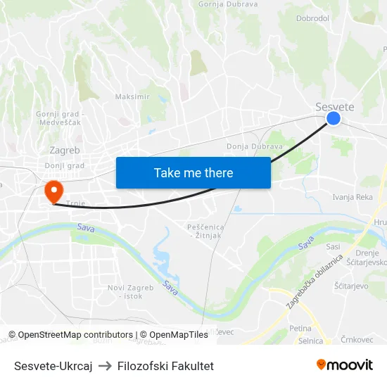 Sesvete-Ukrcaj to Filozofski Fakultet map