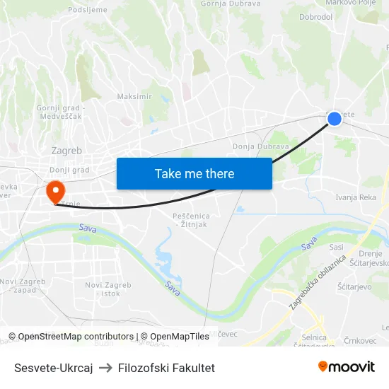 Sesvete-Ukrcaj to Filozofski Fakultet map