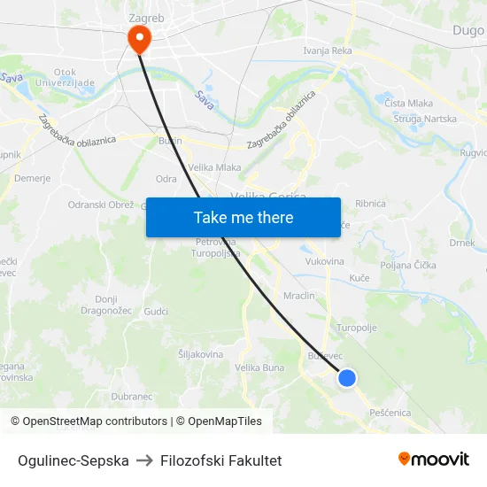 Ogulinec-Sepska to Filozofski Fakultet map