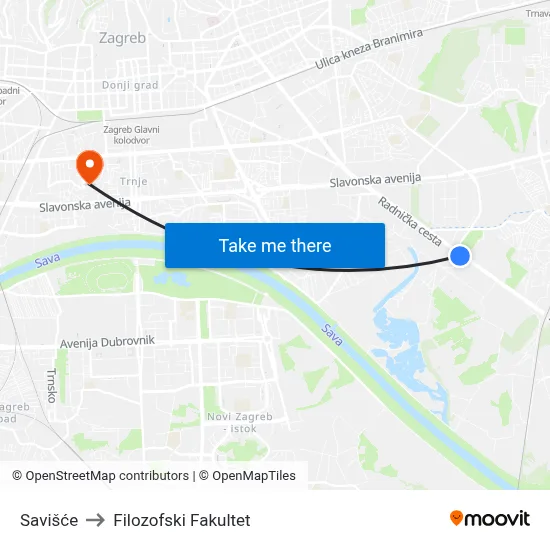 Savišće to Filozofski Fakultet map