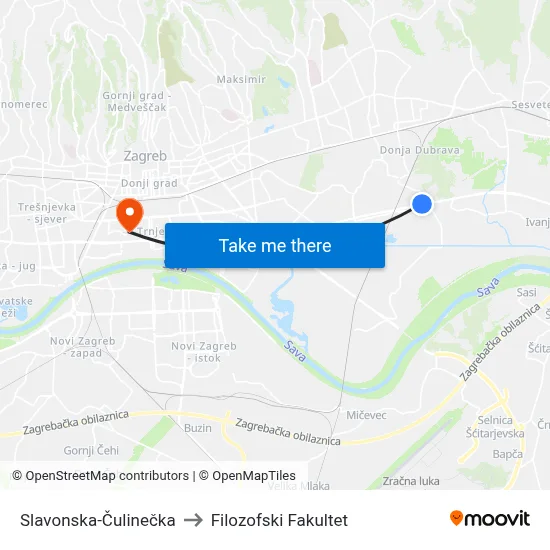 Slavonska-Čulinečka to Filozofski Fakultet map