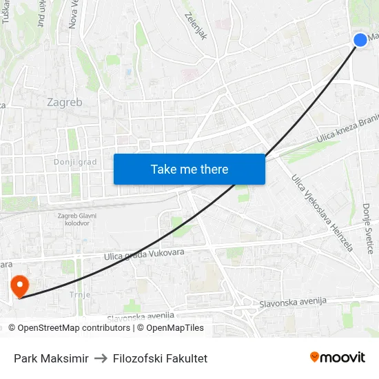 Park Maksimir to Filozofski Fakultet map