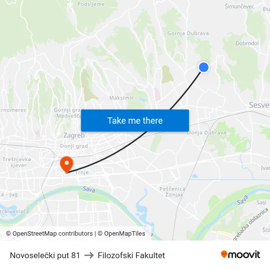Novoselečki put 81 to Filozofski Fakultet map