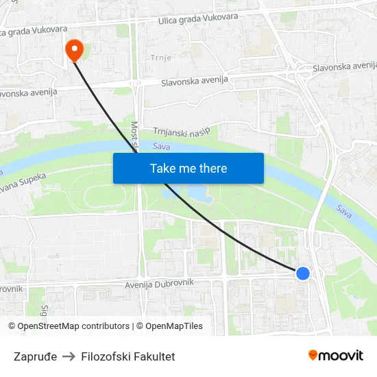 Zapruđe to Filozofski Fakultet map