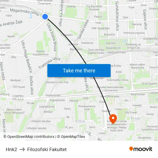 Hnk2 to Filozofski Fakultet map