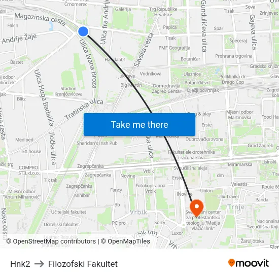 Hnk2 to Filozofski Fakultet map