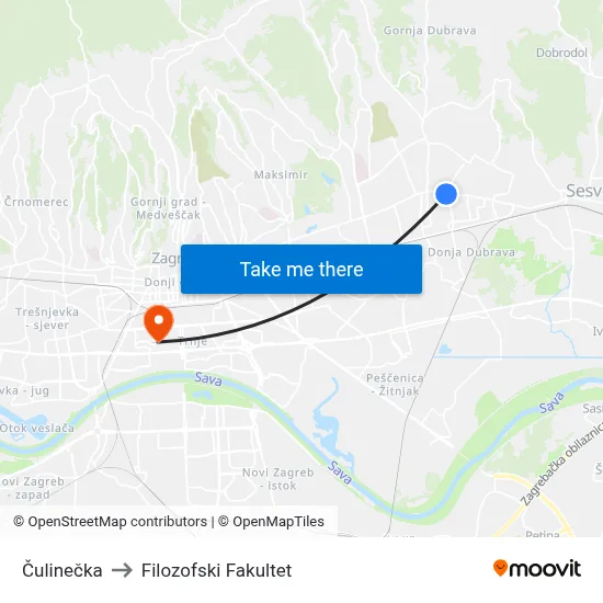 Čulinečka to Filozofski Fakultet map