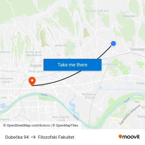 Dubečka 94 to Filozofski Fakultet map