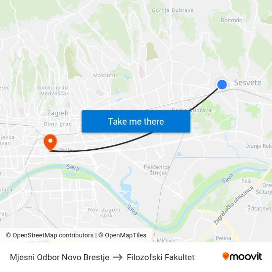 Mjesni Odbor Novo Brestje to Filozofski Fakultet map