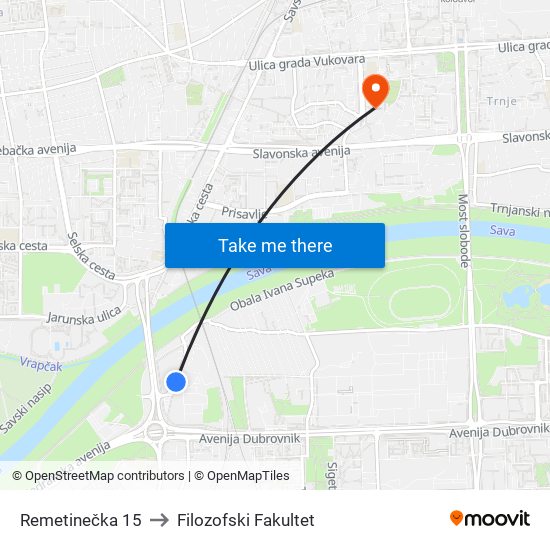 Remetinečka 15 to Filozofski Fakultet map