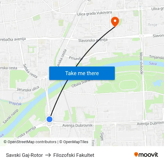 Savski Gaj-Rotor to Filozofski Fakultet map