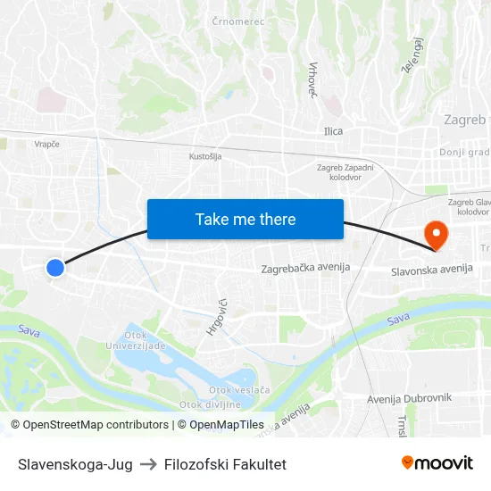 Slavenskoga-Jug to Filozofski Fakultet map