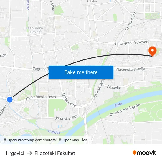 Hrgovići to Filozofski Fakultet map