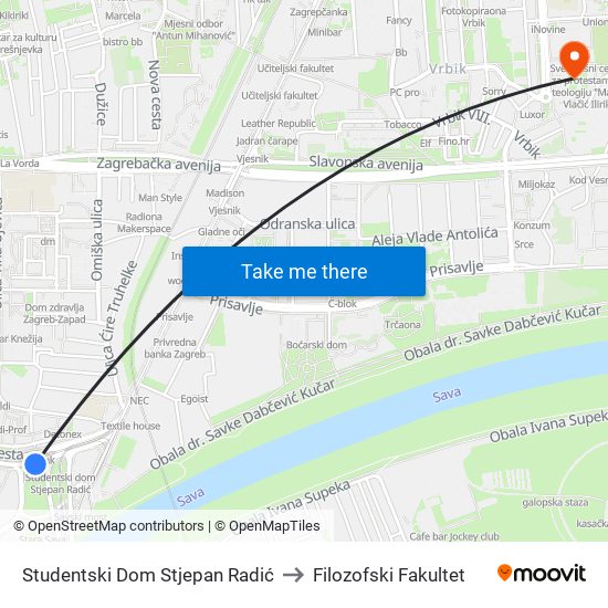 Studentski Dom Stjepan Radić to Filozofski Fakultet map