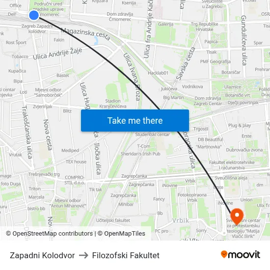 Zapadni Kolodvor to Filozofski Fakultet map