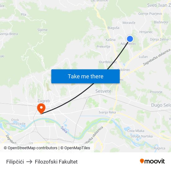 Filipčići to Filozofski Fakultet map