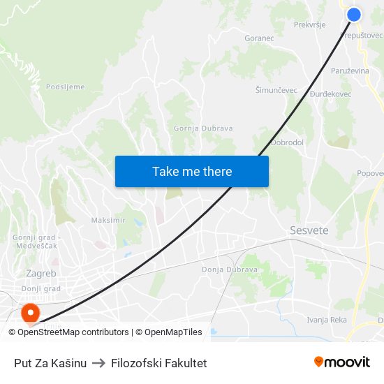 Put Za Kašinu to Filozofski Fakultet map