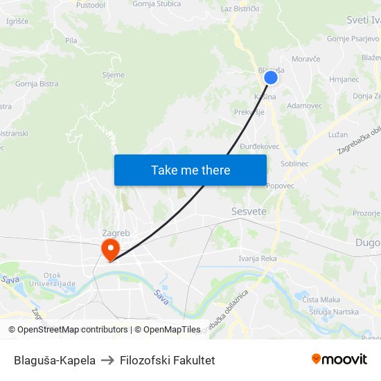 Blaguša-Kapela to Filozofski Fakultet map