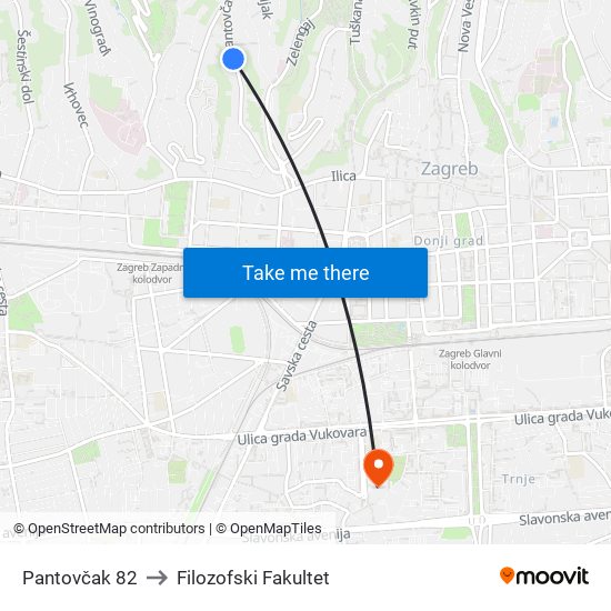 Pantovčak 82 to Filozofski Fakultet map