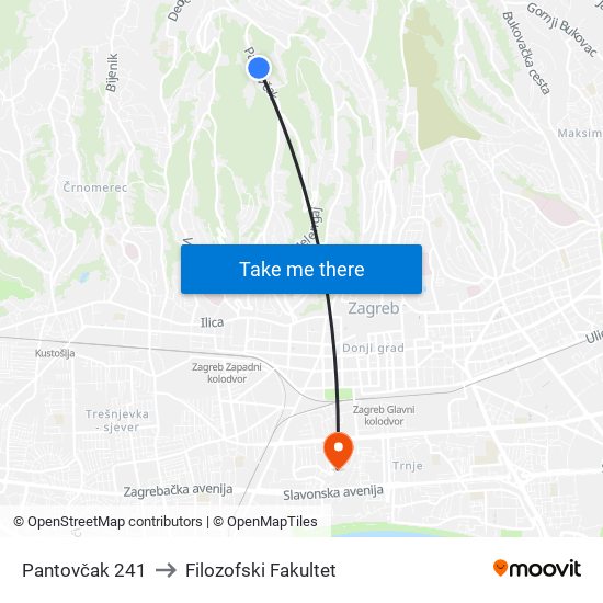 Pantovčak 241 to Filozofski Fakultet map