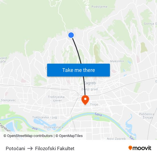 Potočani to Filozofski Fakultet map