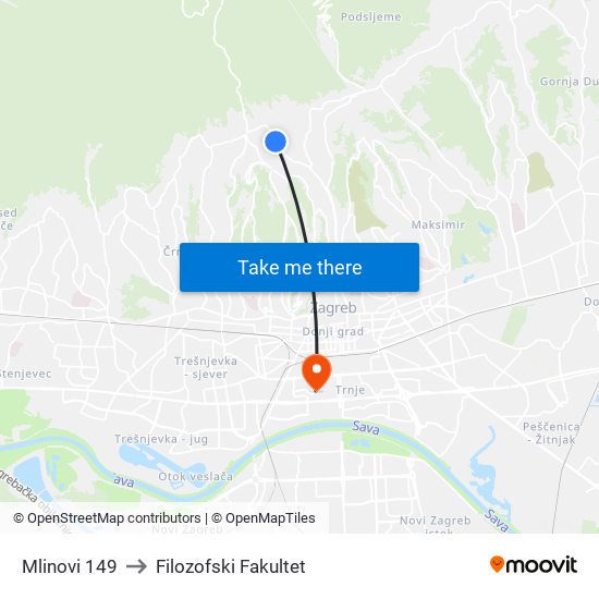 Mlinovi 149 to Filozofski Fakultet map