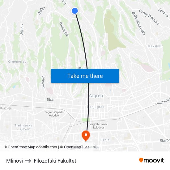 Mlinovi to Filozofski Fakultet map