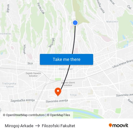 Mirogoj-Arkade to Filozofski Fakultet map