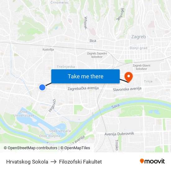 Hrvatskog Sokola to Filozofski Fakultet map