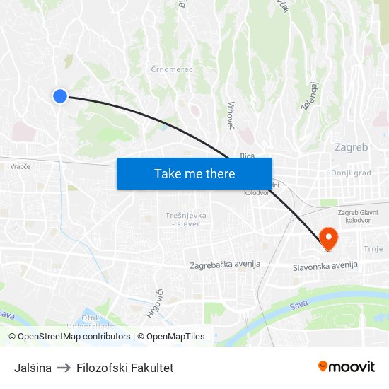 Jalšina to Filozofski Fakultet map