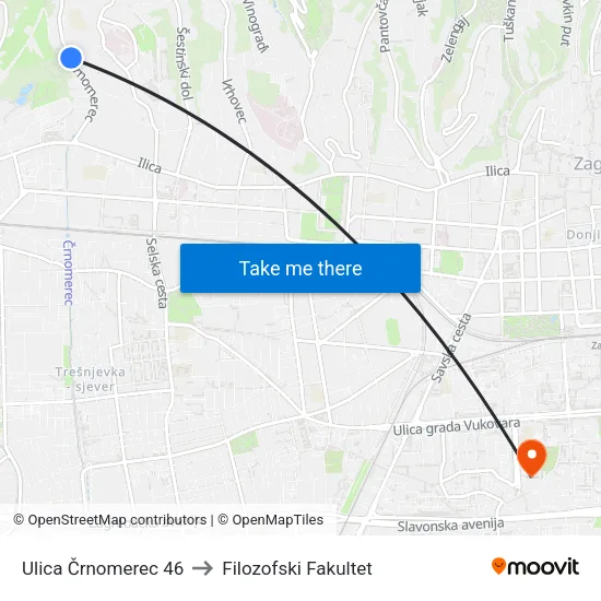 Ulica Črnomerec 46 to Filozofski Fakultet map