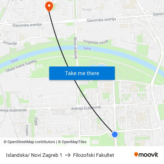Islandska/ Novi Zagreb 1 to Filozofski Fakultet map