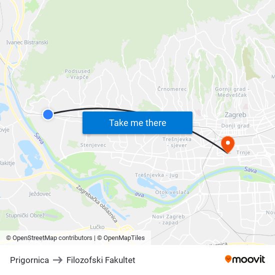 Prigornica to Filozofski Fakultet map