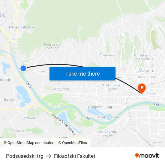 Podsusedski trg to Filozofski Fakultet map