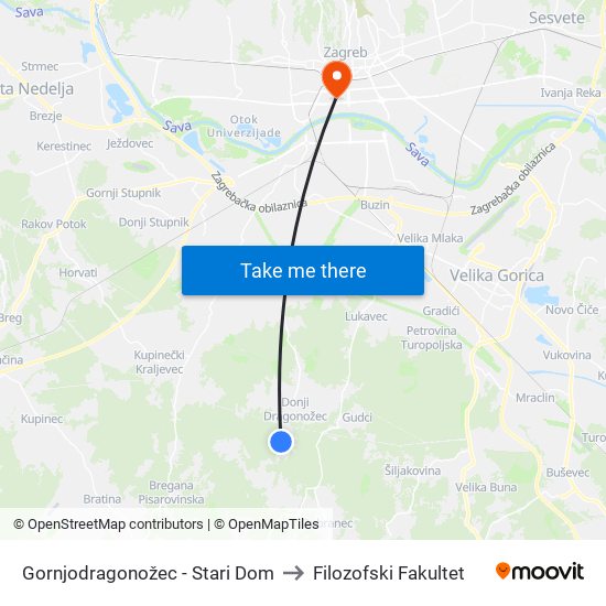 Gornjodragonožec - Stari Dom to Filozofski Fakultet map