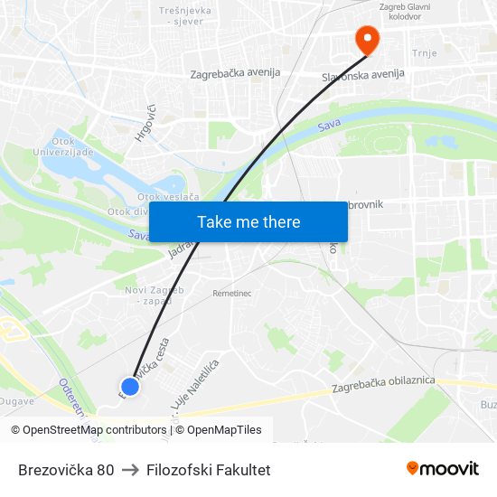 Brezovička 80 to Filozofski Fakultet map