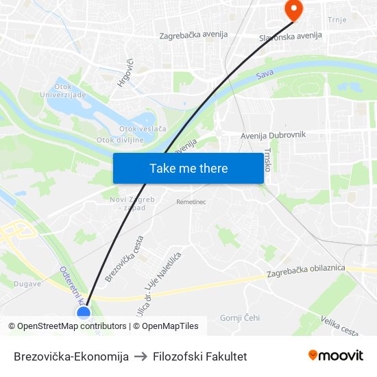 Brezovička-Ekonomija to Filozofski Fakultet map