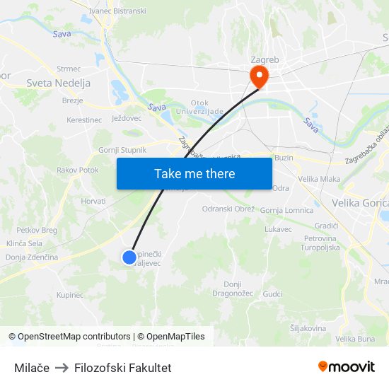 Milače to Filozofski Fakultet map