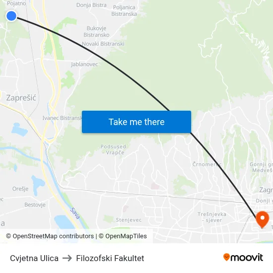 Cvjetna Ulica to Filozofski Fakultet map