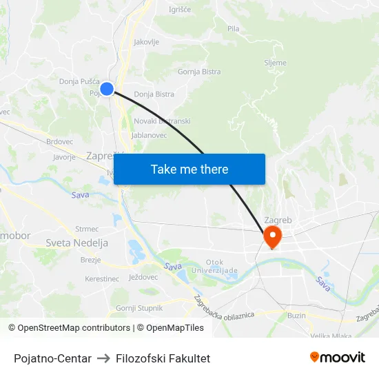 Pojatno-Centar to Filozofski Fakultet map