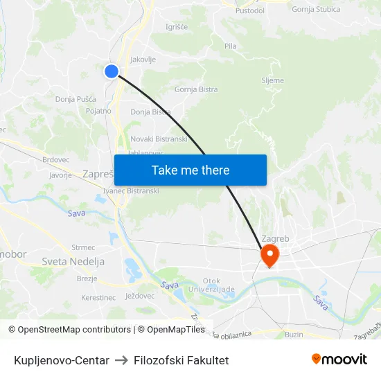 Kupljenovo-Centar to Filozofski Fakultet map
