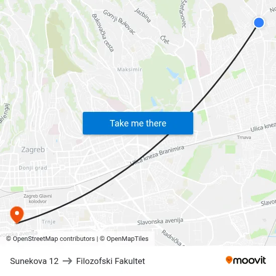 Sunekova 12 to Filozofski Fakultet map